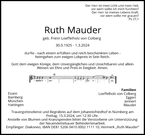 Traueranzeige von Ruth Mauder von Gesamtausgabe Nürnberger Nachrichten/ Nürnberger Ztg.