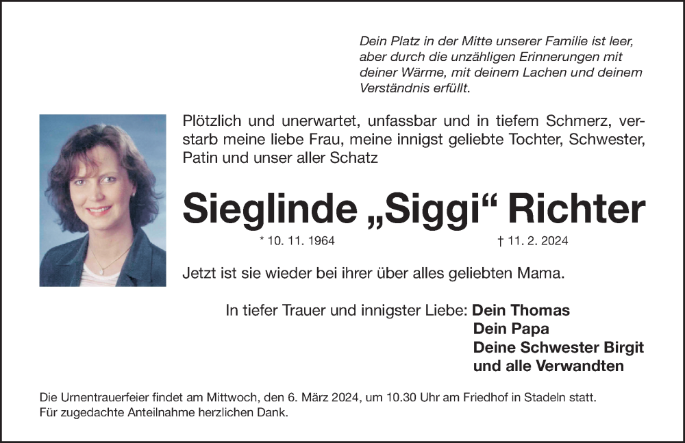  Traueranzeige für Sieglinde Richter vom 02.03.2024 aus Fürther Nachrichten Lokal
