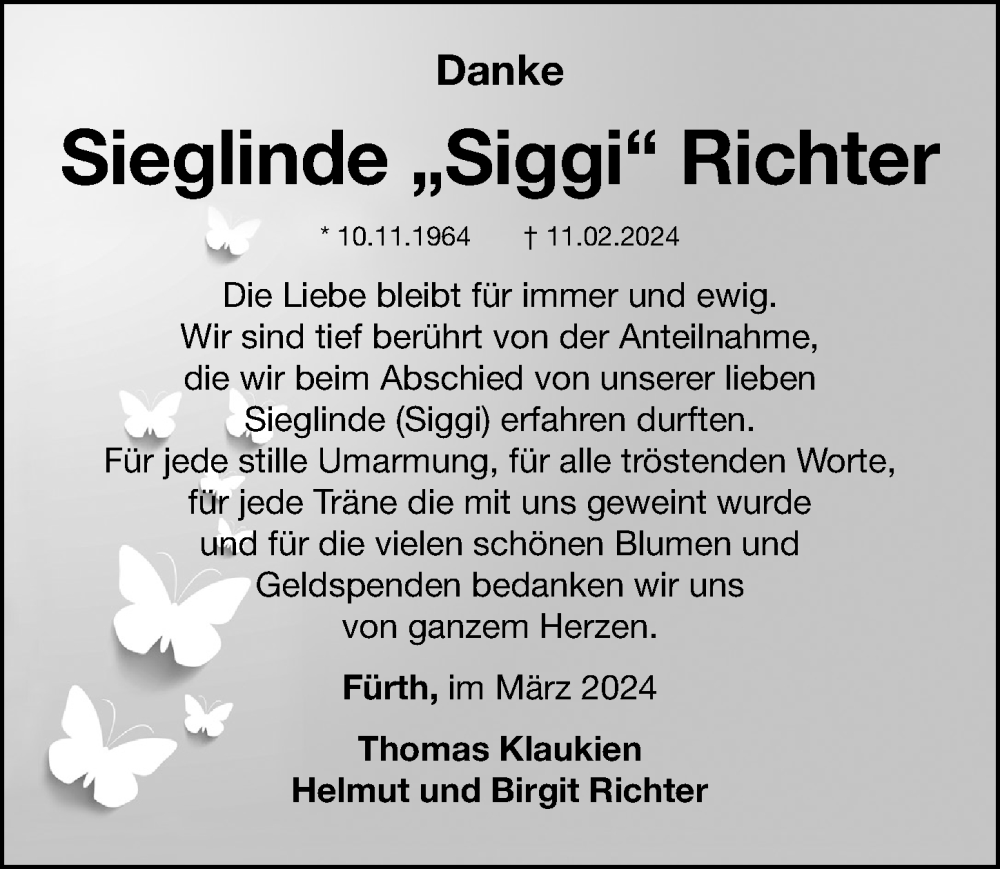  Traueranzeige für Sieglinde Richter vom 16.03.2024 aus Fürther Nachrichten Lokal