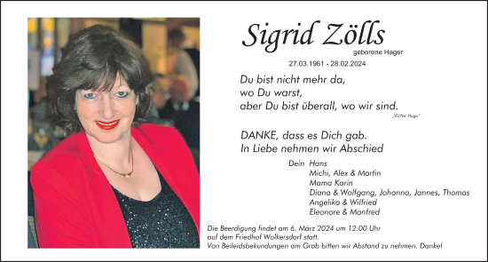 Traueranzeige von Sigrid Zölls von Gesamtausgabe Nürnberger Nachrichten/ Nürnberger Ztg.