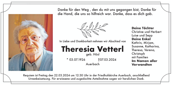 Traueranzeige von Theresia Vetterl von Nordbayerische Nachrichten Pegnitz Lokal