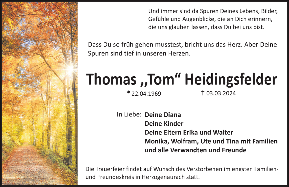  Traueranzeige für Thomas Heidingsfelder vom 09.03.2024 aus Schwabacher Tagblatt Lokal
