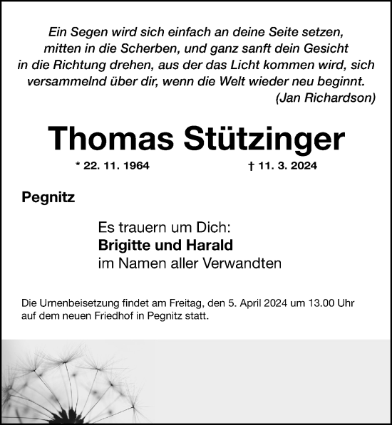 Traueranzeige von Thomas Stützinger von Nordbayerische Nachrichten Pegnitz Lokal