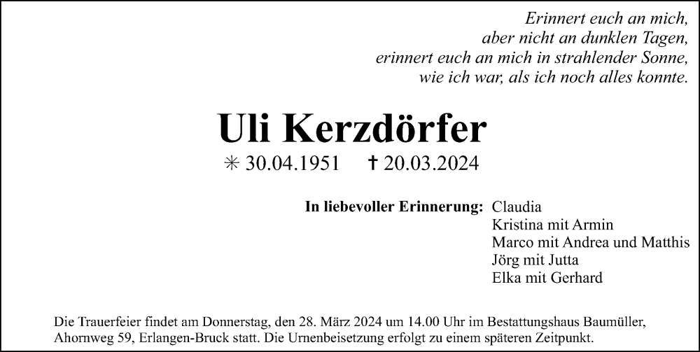  Traueranzeige für Uli Kerzdörfer vom 23.03.2024 aus Erlanger Nachrichten Lokal