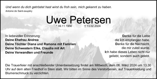 Traueranzeige von Uwe Petersen von Gesamtausgabe Nürnberger Nachrichten/ Nürnberger Ztg.