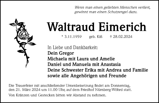 Traueranzeige von Waltraud Eimerich von Gesamtausgabe Nürnberger Nachrichten/ Nürnberger Ztg.
