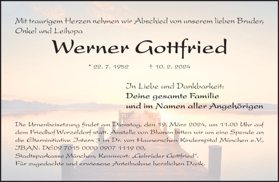 Traueranzeige von Werner Gottfried von Gesamtausgabe Nürnberger Nachrichten/ Nürnberger Ztg.