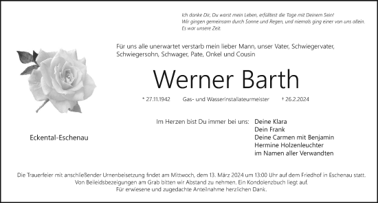 Traueranzeige von Werner Barth von Gesamtausgabe Nürnberger Nachrichten/ Nürnberger Ztg.