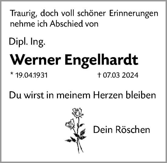 Traueranzeige von Werner Engelhardt von Gesamtausgabe Nürnberger Nachrichten/ Nürnberger Ztg.