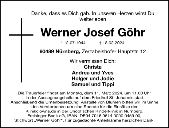 Traueranzeige von Werner Josef Göhr von Gesamtausgabe Nürnberger Nachrichten/ Nürnberger Ztg.