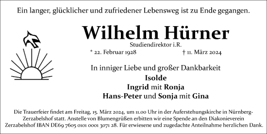 Traueranzeige von Wilhelm Hürner von Gesamtausgabe Nürnberger Nachrichten/ Nürnberger Ztg.