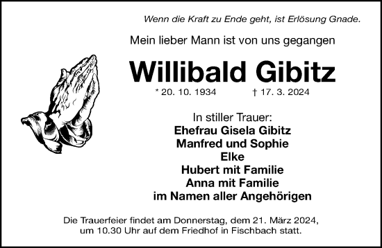 Traueranzeige von Willibald Gibitz von Gesamtausgabe Nürnberger Nachrichten/ Nürnberger Ztg.