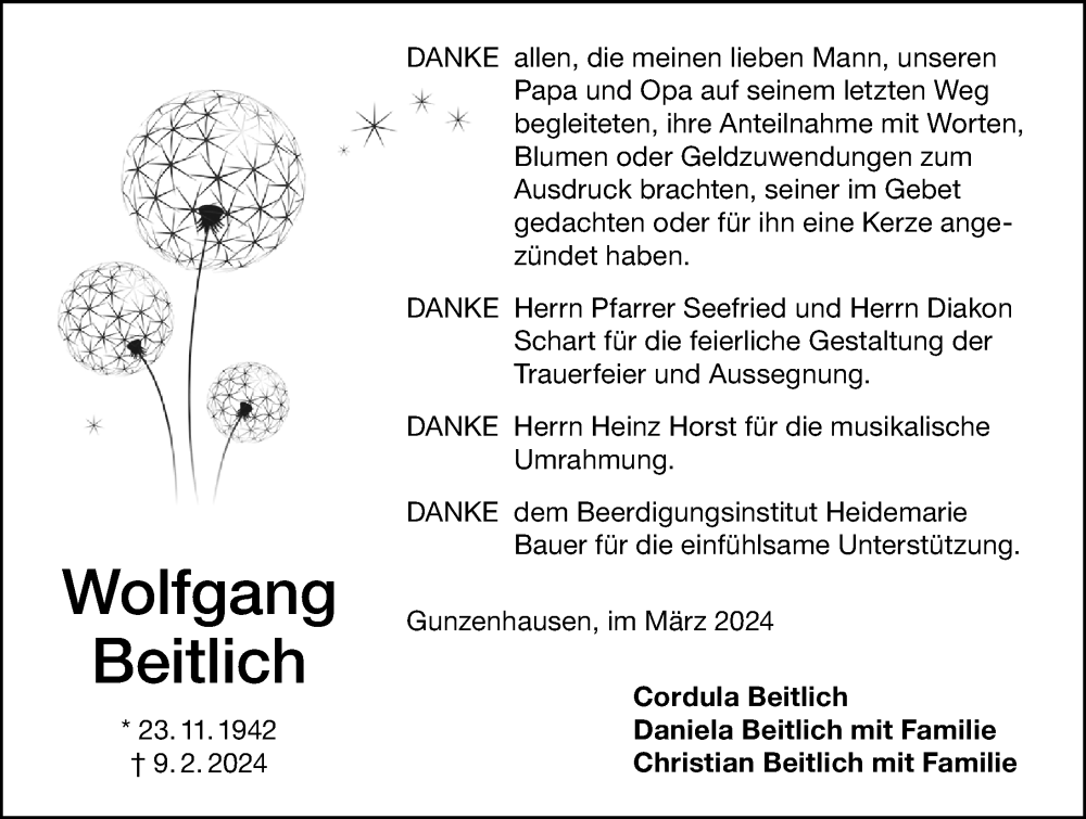  Traueranzeige für Wolfgang Beitlich vom 23.03.2024 aus Altmühl-Bote Lokal