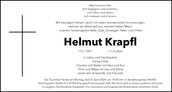 Traueranzeige von Helmut Krapfl von Gesamtausgabe Nürnberger Nachrichten/ Nürnberger Ztg./ Erlanger Nachrichten