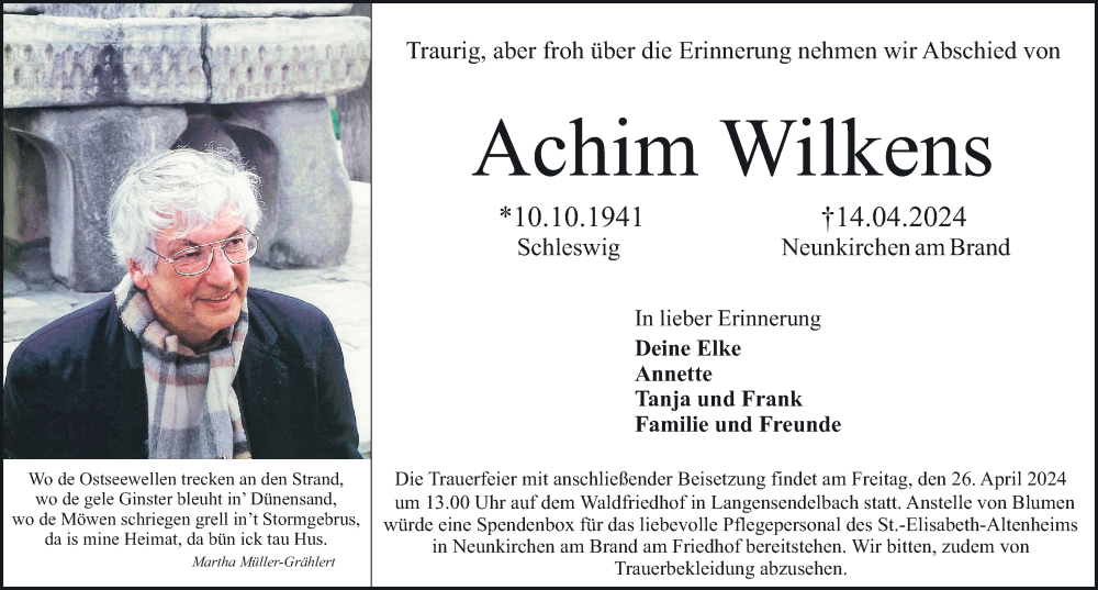  Traueranzeige für Achim Wilkens vom 24.04.2024 aus Erlanger Nachrichten Lokal