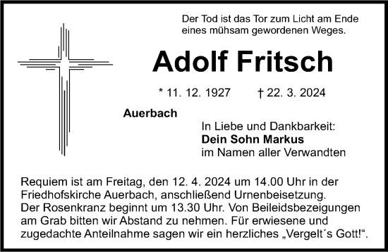 Traueranzeige von Adolf Fritsch von Nordbayerische Nachrichten Pegnitz Lokal