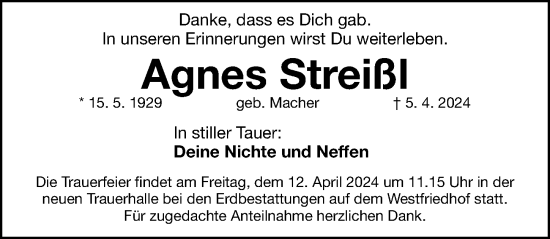 Traueranzeige von Agnes Streißl von Gesamtausgabe Nürnberger Nachrichten/ Nürnberger Ztg.