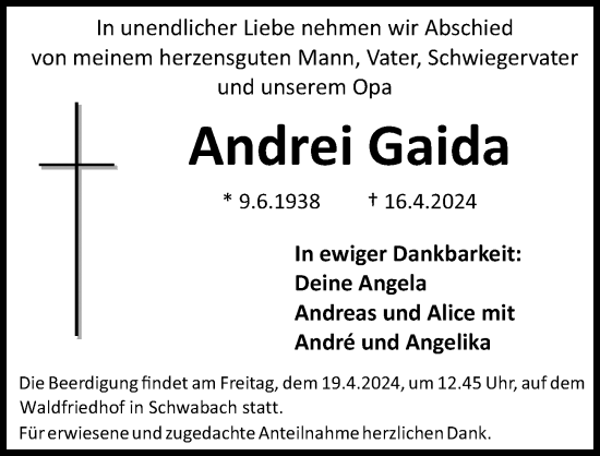 Traueranzeige von Andrei Gaida von Schwabacher Tagblatt Lokal