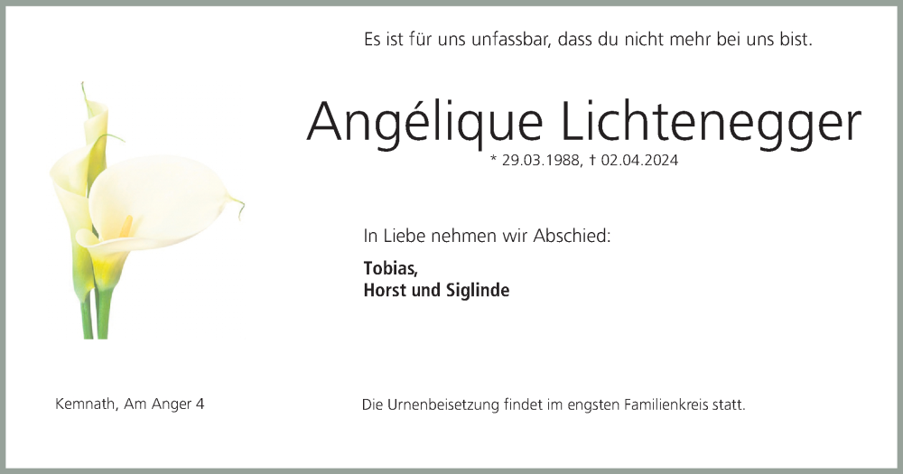  Traueranzeige für Angelique Lichtenegger vom 04.04.2024 aus Neumarkter Nachrichten Lokal