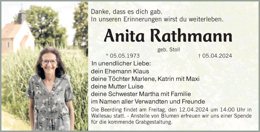  Traueranzeige für Anita Rathmann vom 09.04.2024 aus Roth-Hilpoltsteiner Volkszeitung Lokal