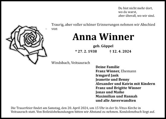 Traueranzeige von Anna Winner von Roth-Hilpoltsteiner Volkszeitung Lokal