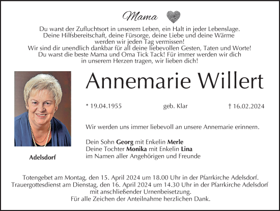 Traueranzeige von Annemarie Willert von Nordbayerische Nachrichten Forchheim Lokal