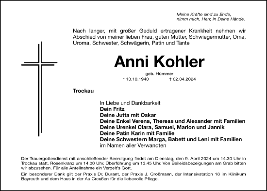 Traueranzeige von Anni Kohler von Nordbayerische Nachrichten Pegnitz Lokal