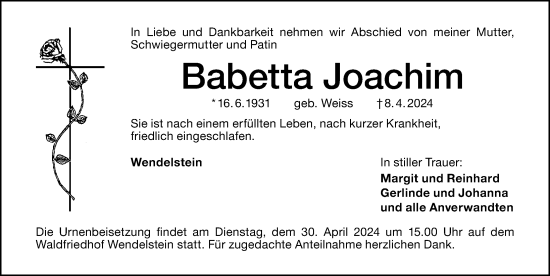 Traueranzeige von Babetta Joachim von Schwabacher Tagblatt Lokal