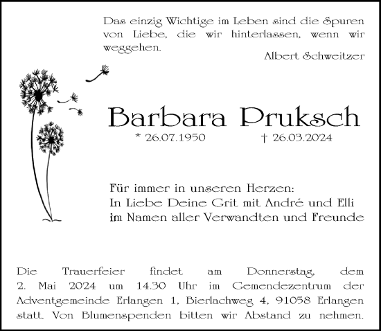 Traueranzeige von Barbara Pruksch von Fürther Nachrichten Lokal