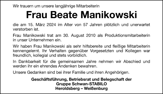 Traueranzeige von Beate Manikowski von Gesamtausgabe Nürnberger Nachrichten/ Nürnberger Ztg.