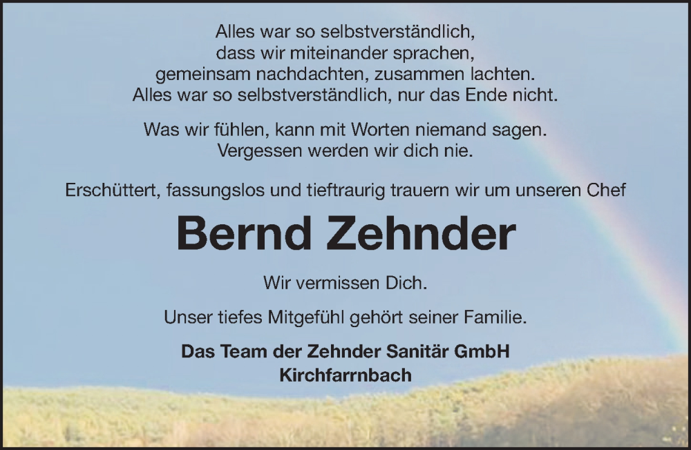  Traueranzeige für Bernd Zehnder vom 08.04.2024 aus Fürther Nachrichten Lokal