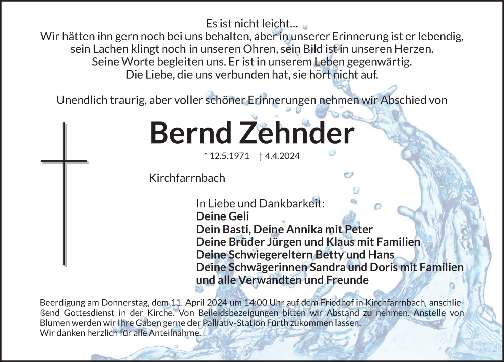  Traueranzeige für Bernd Zehnder vom 08.04.2024 aus Fürther Nachrichten Lokal