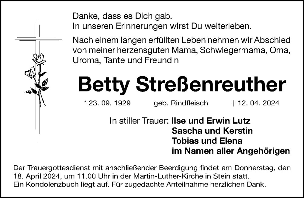  Traueranzeige für Betty Streßenreuther vom 17.04.2024 aus Gesamtausgabe Nürnberger Nachrichten/ Nürnberger Ztg.