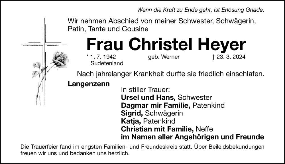  Traueranzeige für Christel Heyer vom 06.04.2024 aus Fürther Nachrichten Lokal