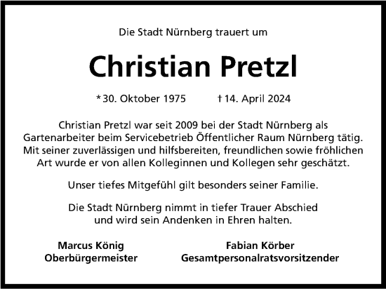 Traueranzeige von Christian Pretzl von Gesamtausgabe Nürnberger Nachrichten/ Nürnberger Ztg.