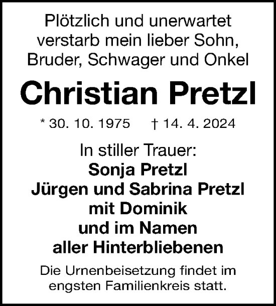Traueranzeige von Christian Pretzl von Gesamtausgabe Nürnberger Nachrichten/ Nürnberger Ztg.