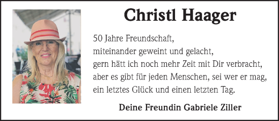 Traueranzeige von Christl Haager von Gesamtausgabe Nürnberger Nachrichten/ Nürnberger Ztg.