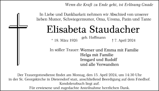 Traueranzeige von Elisabeta Staudacher von Schwabacher Tagblatt Lokal