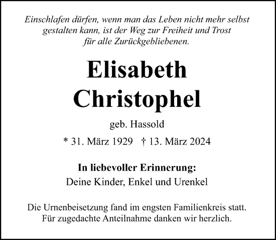 Traueranzeige von Elisabeth Christophel von Neumarkter Nachrichten Lokal