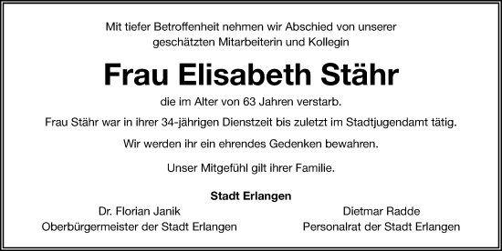 Traueranzeige von Elisabeth Stähr von Erlanger Nachrichten Lokal