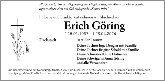 Traueranzeige von Erich Göring von Nordbayerische Nachrichten Forchheim Lokal