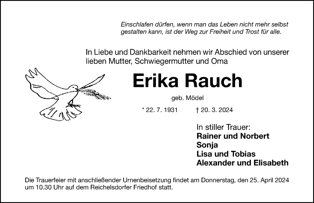 Traueranzeige für Erika Rauch vom 20.04.2024 aus Gesamtausgabe Nürnberger Nachrichten/ Nürnberger Ztg.