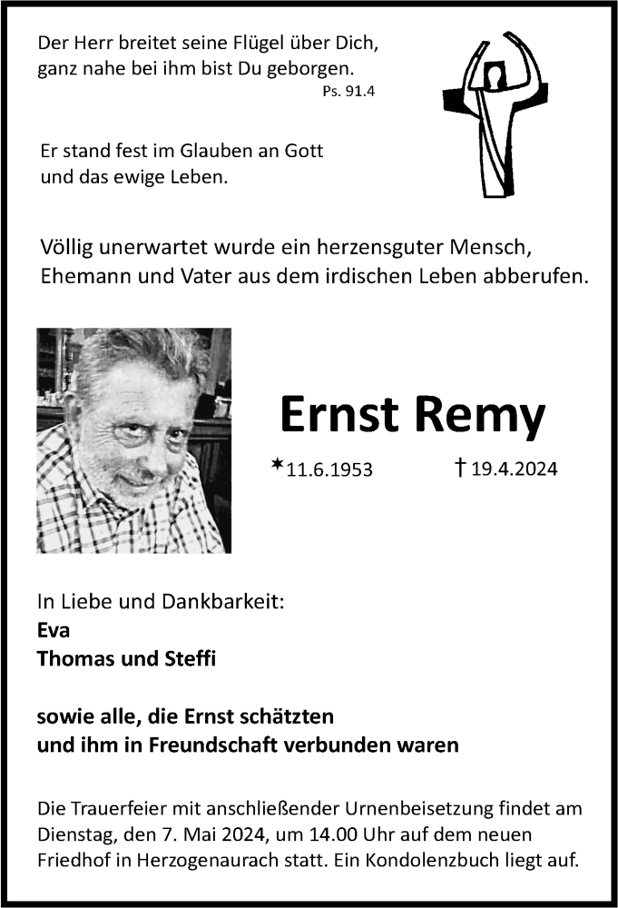  Traueranzeige für Ernst Remy vom 27.04.2024 aus Erlanger Nachrichten Lokal