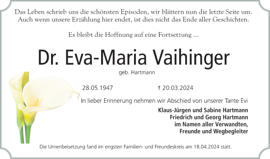 Traueranzeige von Eva-Maria Vaihinger von Gesamtausgabe Nürnberger Nachrichten/ Nürnberger Ztg.