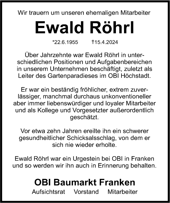 Traueranzeige von Ewald Röhrl von Gesamtausgabe Nürnberger Nachrichten/ Nürnberger Ztg.