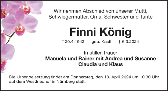 Traueranzeige von Finni König von Gesamtausgabe Nürnberger Nachrichten/ Nürnberger Ztg.