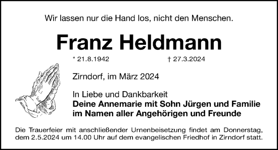 Traueranzeige von Franz Heldmann von Fürther Nachrichten Lokal