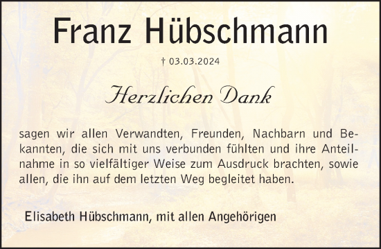 Traueranzeige von Franz Hübschmann von Nordbayerische Nachrichten Forchheim Lokal