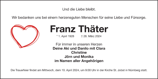 Traueranzeige von Franz Thäter von Gesamtausgabe Nürnberger Nachrichten/ Nürnberger Ztg.