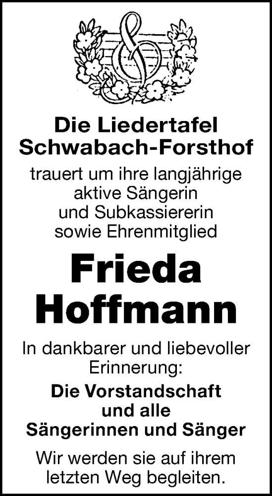 Traueranzeige von Frieda Hoffmann von Schwabacher Tagblatt Lokal